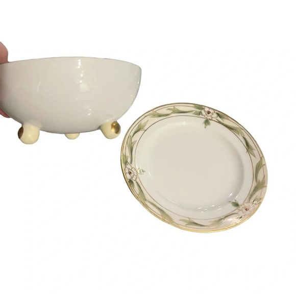 Nippon Hand Painted Floral Footed Bowl With Under Plate Vintage Gold Detail - Picture 2 of 9